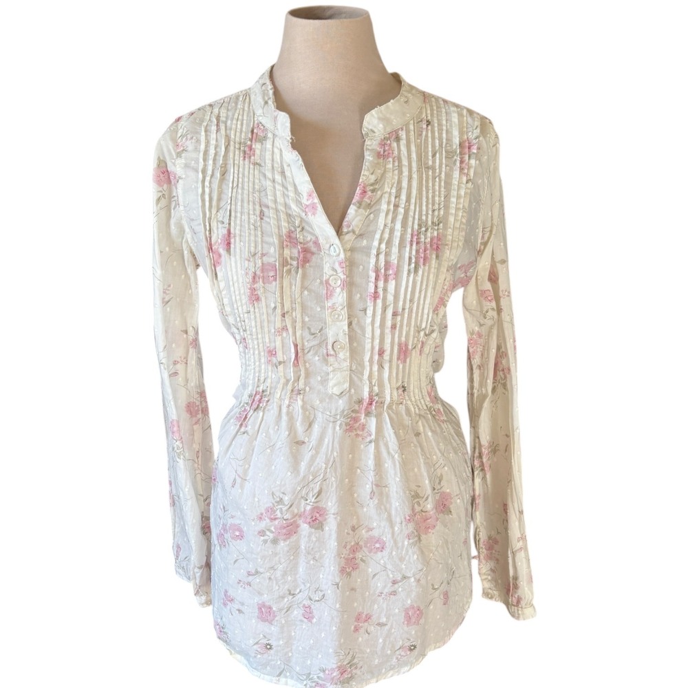 Y2k Wet Seal Cream Floral Pintuck Blouse Boho Cottagecore Sheer Swiss Dot sz M